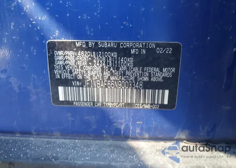 2022 Subaru Wrx Premium из США, поврежденный, VIN JF1VBAF66N9003348